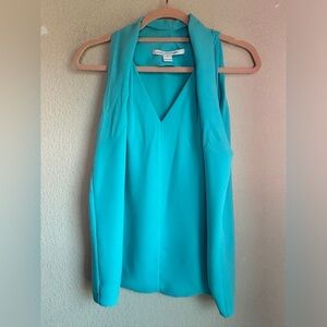 Diane Von Furstenberg Teal Aqua Blue Draped V-Neck Sleeveless Blouse S